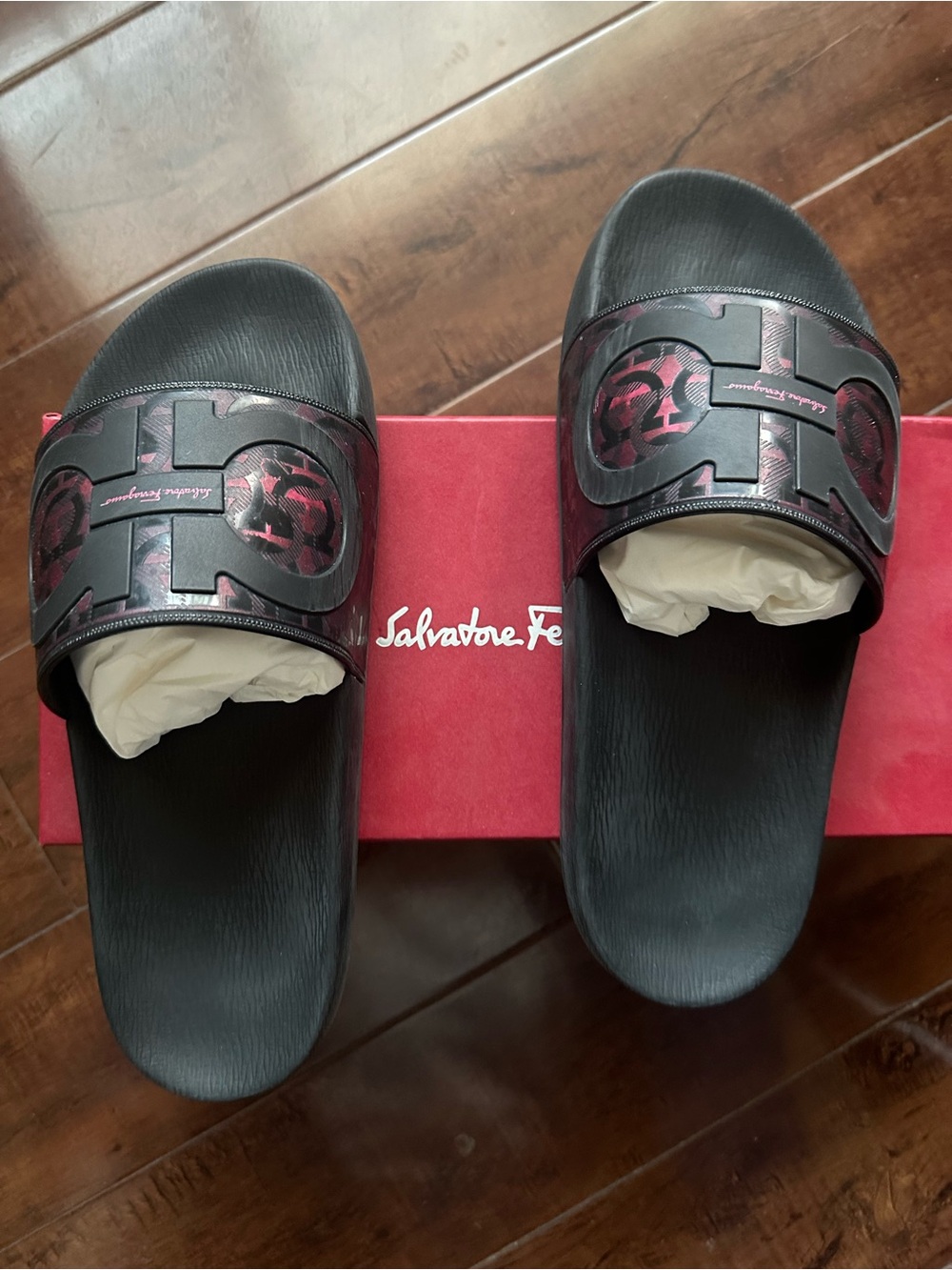 Salvatore Ferragamo Black Slides with Red Detail